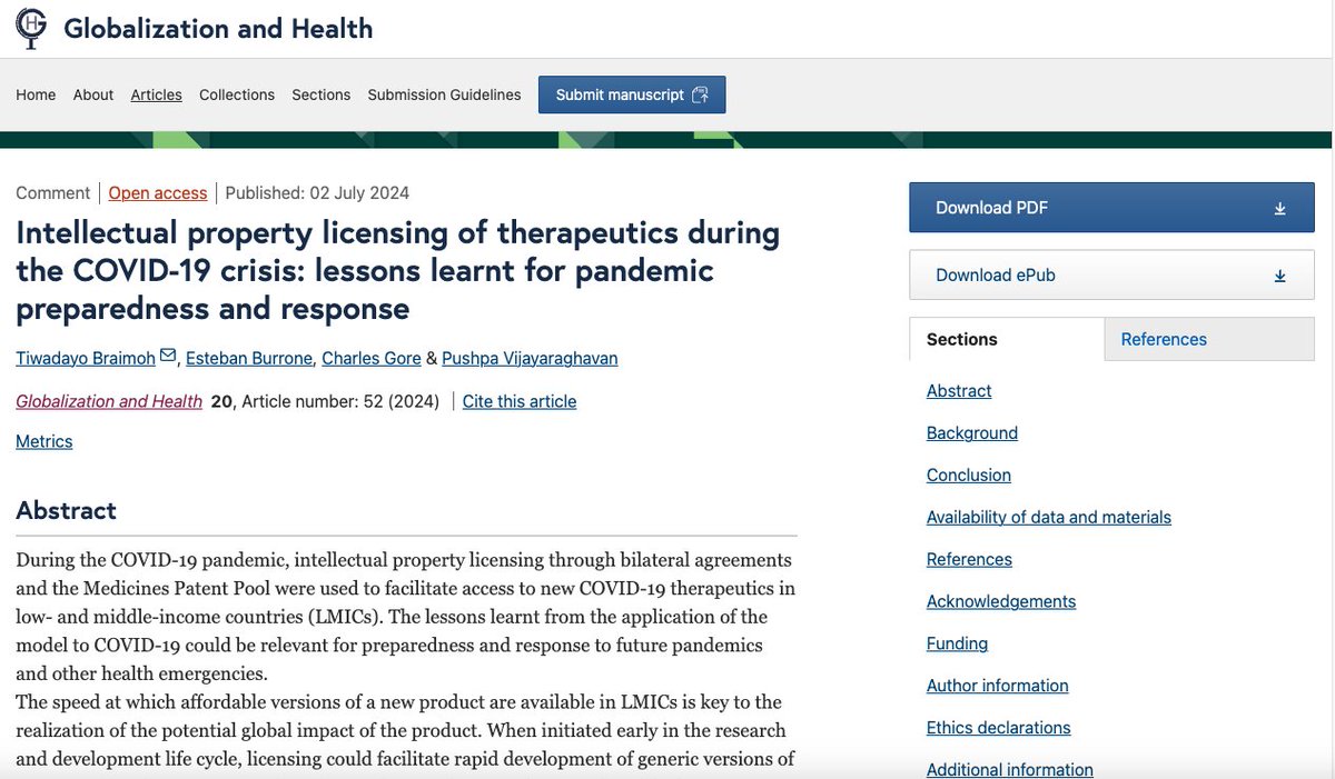 MedicinesPatentPool (@medspatentpool) on Twitter photo #Publication📰 | Our latest article "Intellectual Property Licensing of Therapeutics During the #COVID19 Crisis: Lessons Learnt for #PandemicPreparedness and Response" published in <a href="/GHJournal/">Globalization and Health</a> is out! This paper highlights the role of voluntary licensing in facilitating access to #Publication📰 | Our latest article "Intellectual Property Licensing of Therapeutics During the #COVID19 Crisis: Lessons Learnt for #PandemicPreparedness and Response" published in <a href="/GHJournal/">Globalization and Health</a> is out! This paper highlights the role of voluntary licensing in facilitating access to