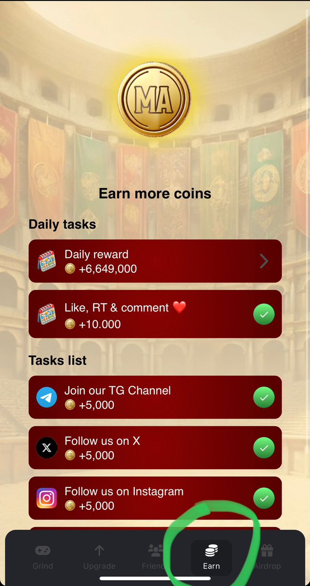 Want to earn more FREE #MEMA tokens?😍 

Head over to ‘’earn’’ in game for daily tasks❤️ 

(don’t forget to invite frens)