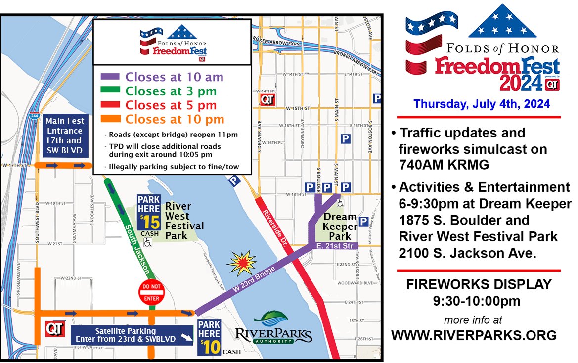 "🚗FreedomFest Parking🚗 We strongly encourage you to plan ahead, carpool, ride share, or bike to the event, as parking spaces are extremely limited. Please be aware of construction along S. Jackson Ave. as well. #freedomfesttulsa #riverparks #quiktrip #foldsofhonor