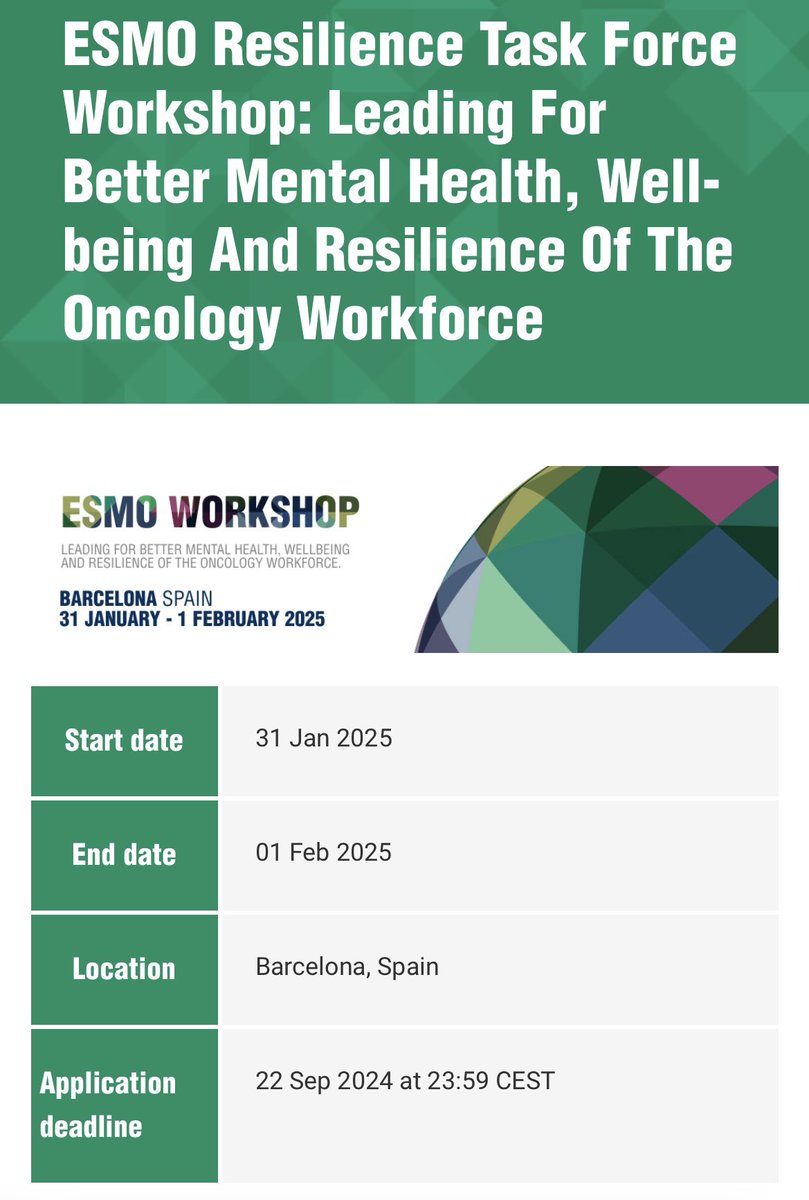 *JUST LAUNCHED* 

First of its kind ESMO Resilience Task Force special workshop. 

🌍 Are you an oncologist working in Europe? Interested in making a change for yourself &amp; your institutions/countries?

🗳️ Come join us in Barcelona in 2025 - for more info:
esmo.org/meeting-calend…