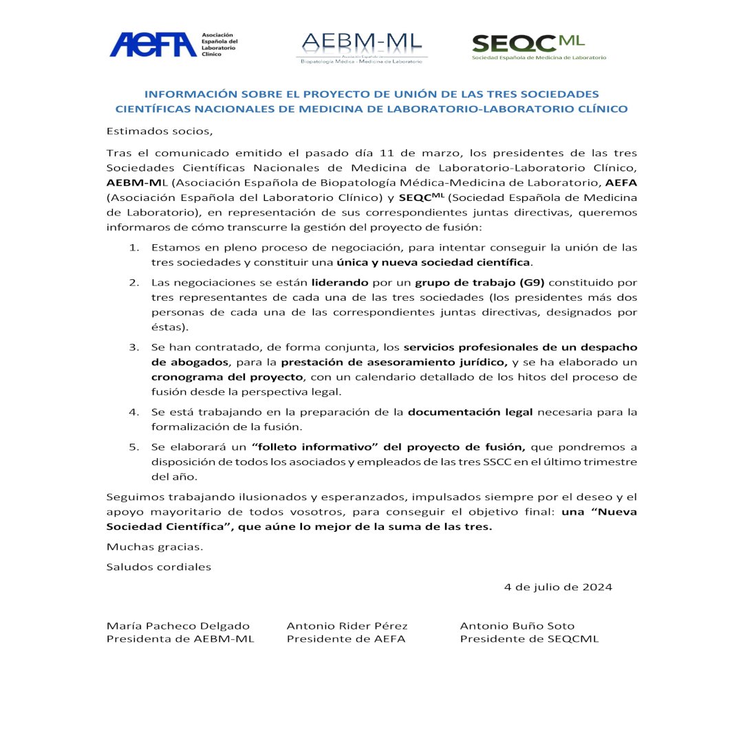 Información sobre el proyecto de unión de las tres Sociedades Científicas Nacionales de Medicina de Laboratorio-Laboratorio Clínico.

Toda la información en aefa.es/fusionssccmedl…