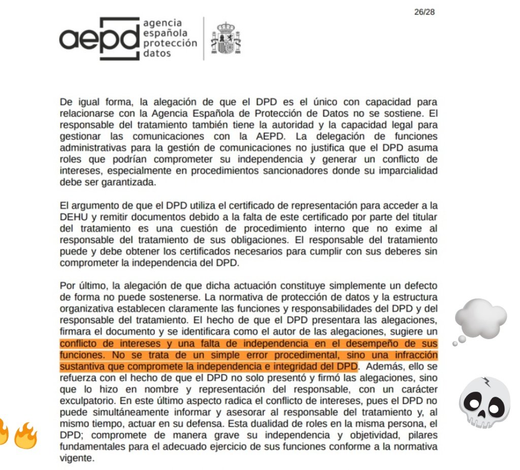 caty_pou's tweet photo. 📌 PS 00382/2023 (14.06.24)
¡OJO! 👀 #DPO #Roles
💥 Conflicto de intereses y falta de independencia en el desempeño de sus funciones. 
🟡 Se trata de una infracción sustantiva que compromete la independencia e integridad del DPD
✅ Vía @AlbertoCasaseca
https://t.co/TMrq0ZR2ER ⤵️ https://t.co/U7fMsaCPpX