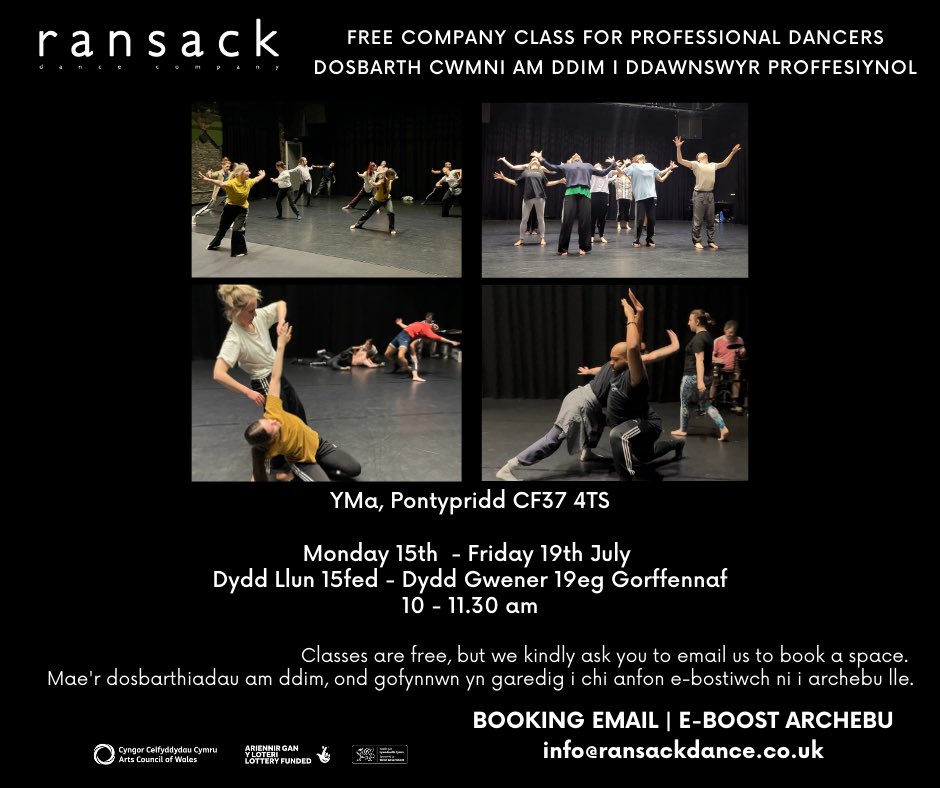 Freelance dancers!..join us for free open professional company classes! Monday 15th to Friday 19th July 10-11.30am. Email info@ransackdance.co.uk to book. <a href="/ArtisCommunity/">Artis Community Cymuned</a> <a href="/PONTYYMCA/">PONTY YMCA</a> funding: <a href="/Arts_Wales_/">Cyngor Celfyddydau Cymru | Arts Council of Wales</a>