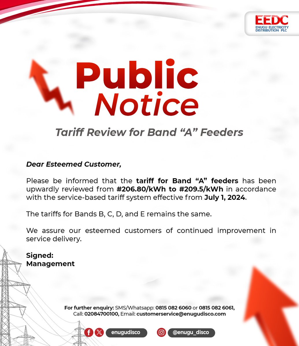 enugudisco's tweet photo. Dear Esteemed Customer.
This is for your information.
#TariffReview https://t.co/fTXmlRR9fM