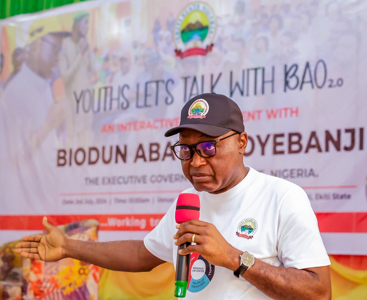 biodunaoyebanji's tweet photo. I had a fruitful interactive session with the vibrant and promising youth of Ekiti State at the 'Youths Let's Talk With BAO' event. It was truly heartening to engage in open and honest discussions with over 1,000 young people representing the 16 LGAs of our state.

I am deeply encouraged by the enthusiasm and passion they displayed, and their boundless energy and zeal to make a difference in the lives of our people through progressive ideas. Now more than ever, there is a need for greater inclusion of youth in partisan politics, policy planning, and public service.

We also discussed the need to address the challenges that have led to the migration of our youth abroad and to other states perceived as more economically viable. Young people have the potential to serve as catalysts of social change because of the natural gifts and aptitudes they possess. This is why our administration is working diligently to make Ekiti a place where investment can thrive, where quality education is guaranteed, and where businesses can flourish, providing ample opportunities for our youth population.

I appreciate your vote of confidence and recognition of the efforts of our administration in these areas. Your support means a lot to me, and I remain committed to fulfilling the aspirations of the youth population in our state. Together, we will work towards building a vibrant and economically viable Ekiti where the future of our youth is secured.