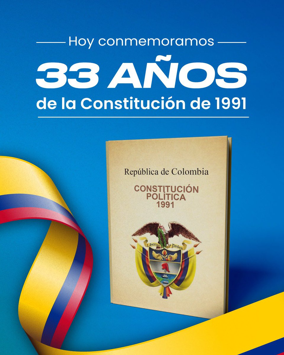 Hoy conmemoramos 33 años de la promulgación de la Constitución de 1991, norma fundamental que transformó a Colombia y garantizó nuestros derechos y libertades. Este aniversario nos recuerda la importancia de seguir construyendo una sociedad pluriétnica, pluricultural,