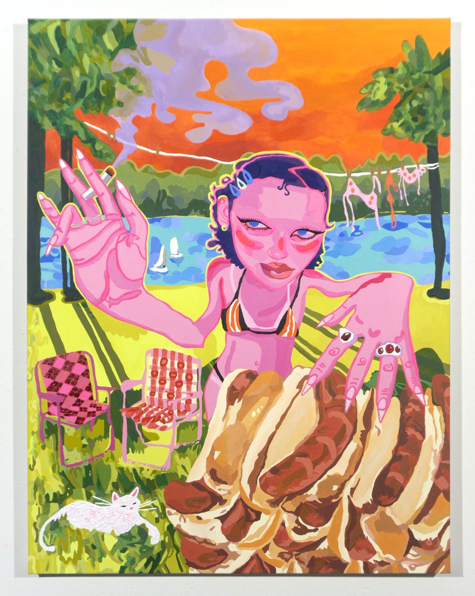 Happy 4th of July from KCAI! "July, Glizzy Gobbler", 2023 is from recent KCAI graduate Jo Archuleta ('24 Painting) whose says the artwork celebrates hot summer days in the Midwest with sunburned girls in bikinis eating hotdogs by the river: The American Dream.