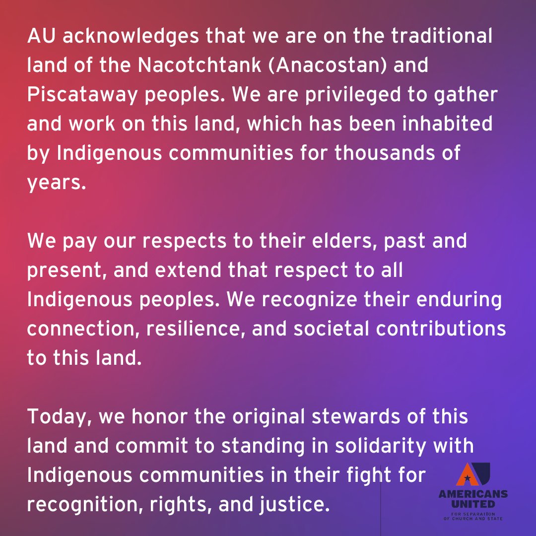 americansunited's tweet image. AU honors the unceded ancestral homeland of the Nacotchtank (Anacostan) and Piscataway peoples, since time immemorial. We recognize their enduring connection, resilience, and societal contributions to this land. 

#FourthOfJuly #FreedomWithoutFavor #EqualityWithoutException