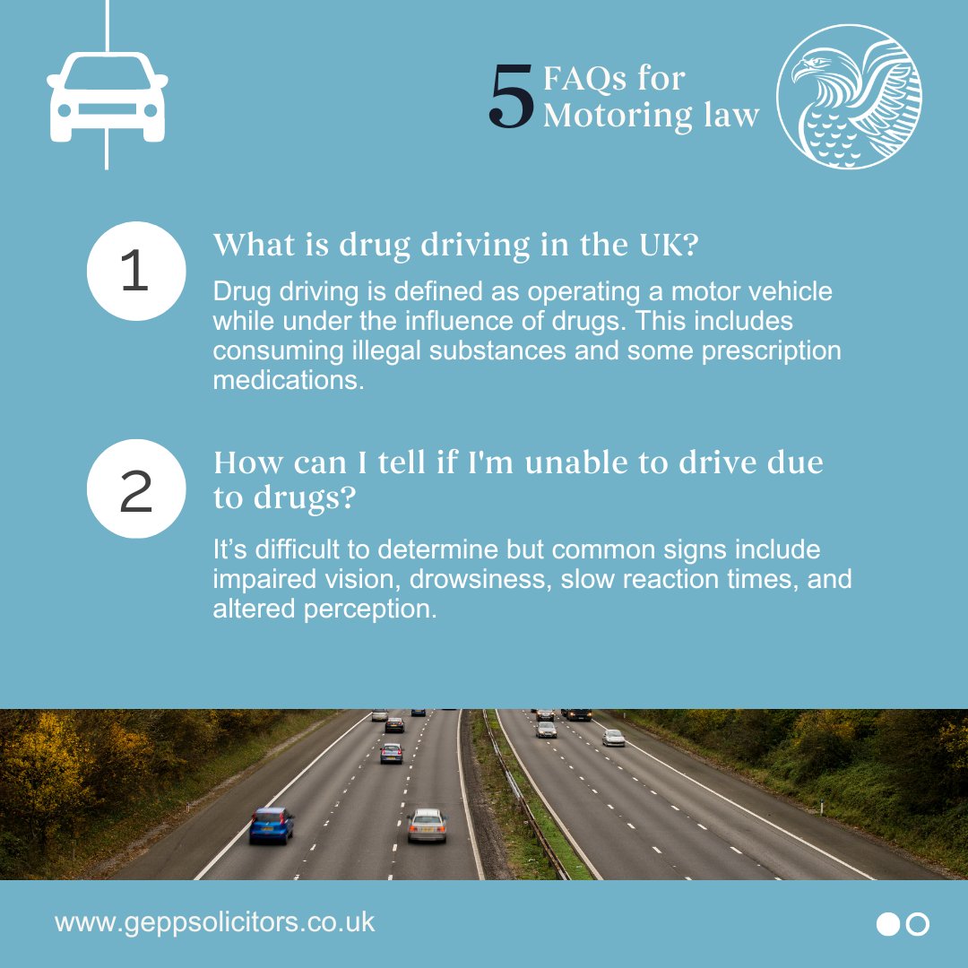 geppsolicitors's tweet image. Are you wondering about the legal consequences of drug driving?  Our expert legal team have put together a list of frequently asked questions regarding this topic.
 
#MotoringLaw #FAQs #LegalKnowledge #EssexSolicitors