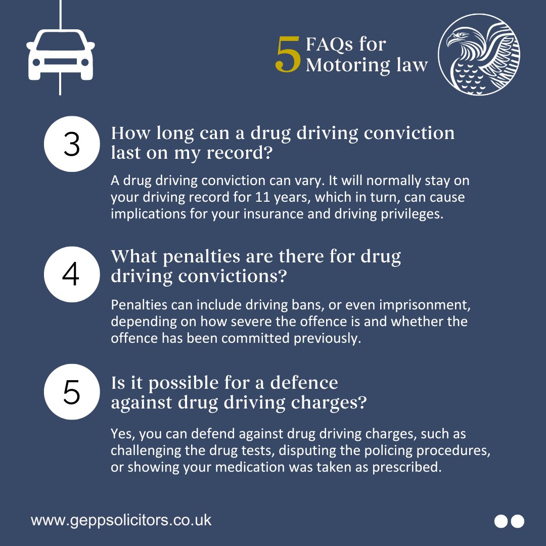 geppsolicitors's tweet image. Are you wondering about the legal consequences of drug driving?  Our expert legal team have put together a list of frequently asked questions regarding this topic.
 
#MotoringLaw #FAQs #LegalKnowledge #EssexSolicitors
