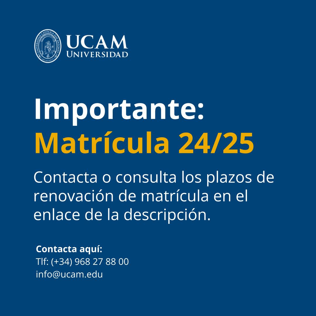 🔔 ¡Importante! Estudiantes de 2º curso en adelante de cara al próximo curso 2024-25.
👉 Consulta los plazos de renovación de matrícula: go.ucam.edu/renovacion-de-…