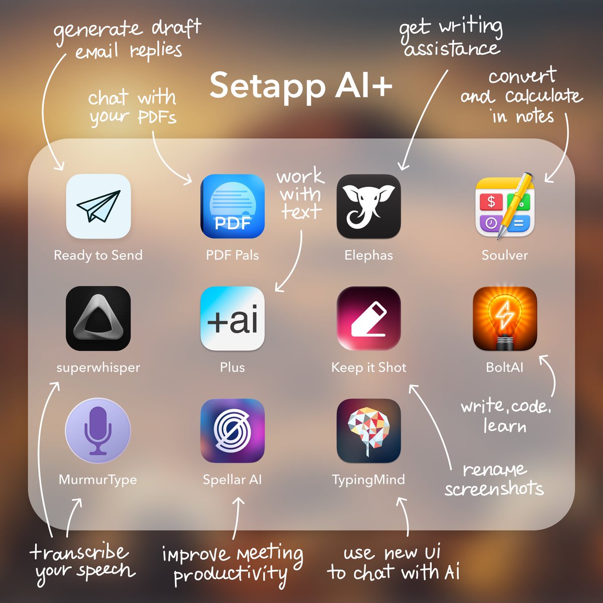 Setapp's tweet photo. Running out of time? Save hours each week with Setapp AI+ and finally close that laptop 👩‍💻 https://t.co/Nc6GwzT1l9