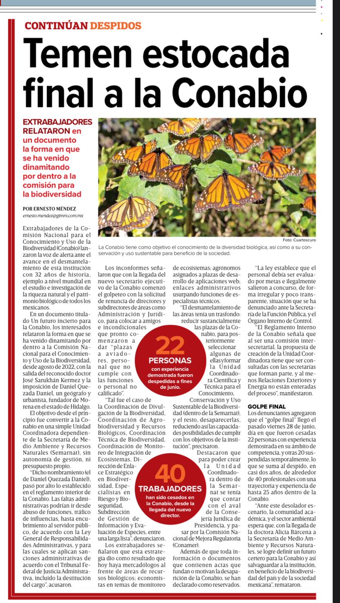 ⚠️ Temen estocada final a la <a href="/CONABIO/">CONABIO</a>; más de 40 despidos en dos años; mercadólogos, economistas y agrónomos en puestos clave para el estudio e investigación de la riqueza natural y el patrimonio biológico de todos los mexicanos.
Vía <a href="/Excelsior/">Excélsior</a> 
📰   excelsior.com.mx/nacional/temen…