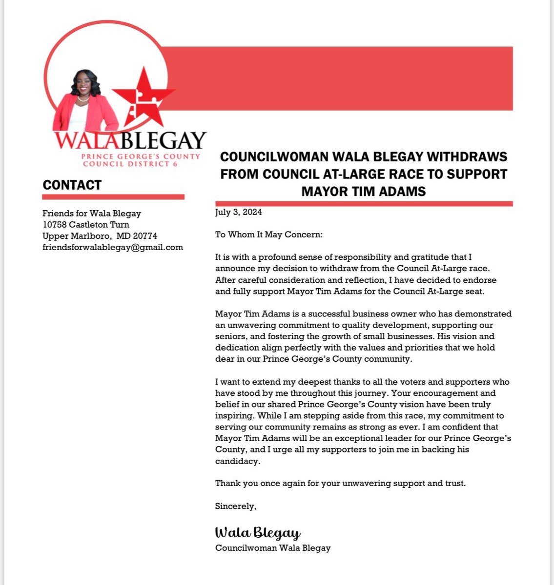 WhyBlitz's tweet photo. Following up, yesterday afternoon Wala Blegay withdrew from the at-large council race. She’ll, instead, support Bowie Mayor Tim Adams. 

Not exactly clear why Blegay got out of the race only a day after entering. https://t.co/J5HVXsPXtk