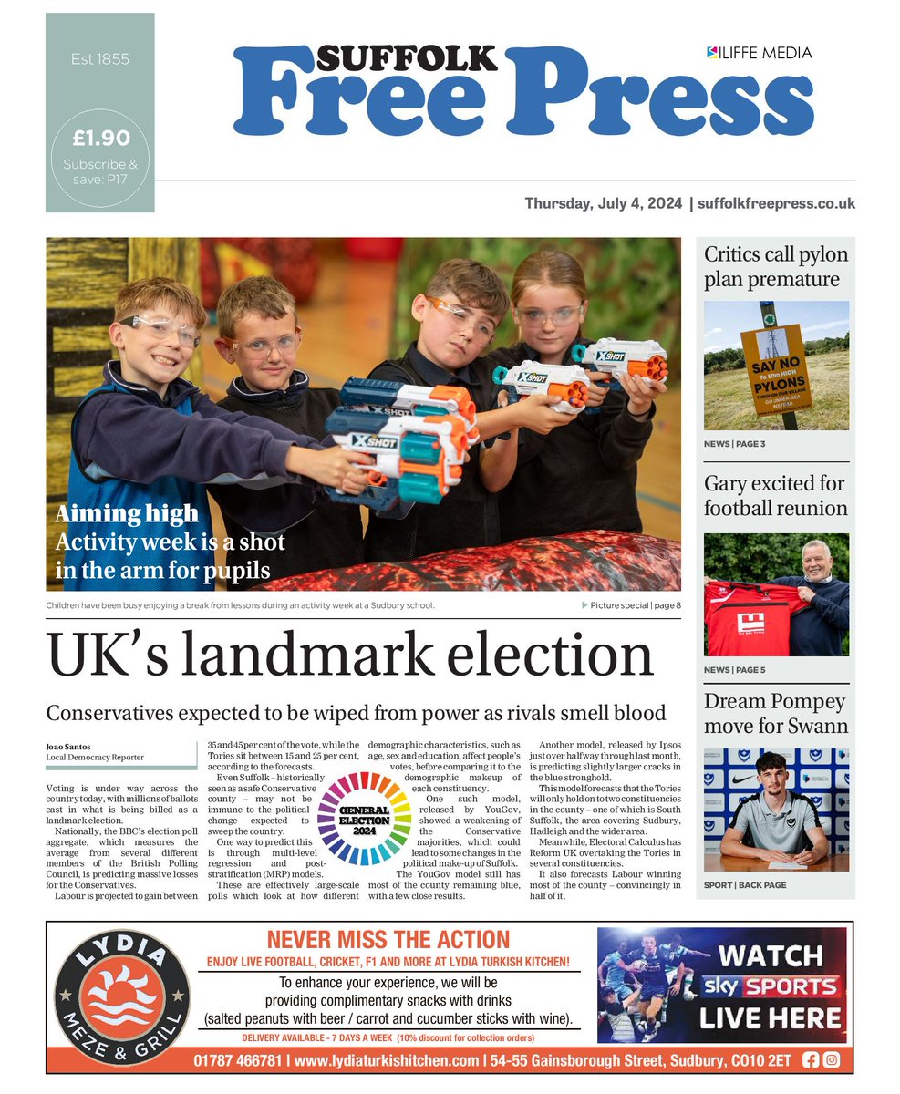 This week's <a href="/SFPSudbury/">Suffolk Free Press</a> is out today and, away from the #Election2024, features criticism of <a href="/nationalgrid/">National Grid</a>'s plans to carve up large swathes of Suffolk countryside,  a Suffolk hotel on the market for a cool £7.5m and <a href="/AFCSudbury/">AFC Sudbury</a>'s Reuben Swann sealing a dream switch to <a href="/Pompey/">Portsmouth FC</a>