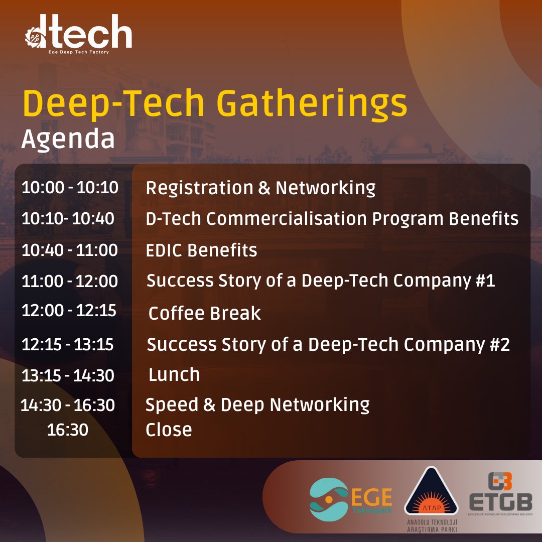 📣Derin teknoloji girişimleri ve start-up'lar için 4 ay boyunca ticarileştirme, ürün geliştirme ve büyümenize yönelik desteklerden yararlanın! 
ETGB ATAP iş birliğinde gerçekleşecek etkinliğimizde buluşalım!