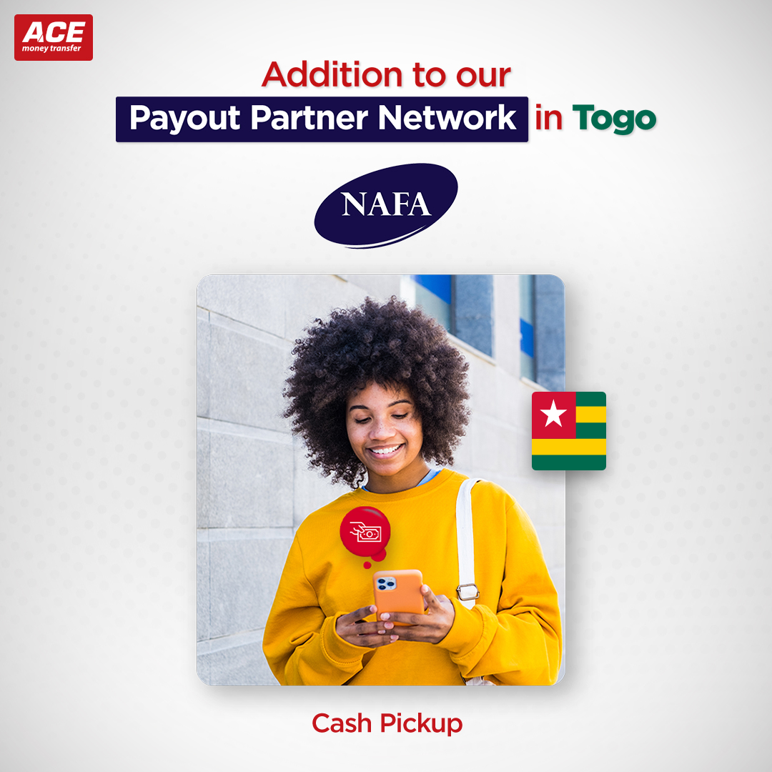 ACEMoneyTransfr's tweet photo. Great news for our customers sending money to Togo! 🌍

We are excited to announce NAFA Financial Services, an addition to our Payout Partner Network. Now, you can instantly transfer money to Togo by choosing Cash Pickup Service.

Now sending love home in Togo is even easier, secure, and instant. Download the ACE mobile app or use the website portal, whichever is convenient for you.

Send Now: https://t.co/wRgKU4yUlA

ACE Money Transfer | Delivering Your Promises
#SendMoneytoTogo #ACEMoneyTransfer #DeliveringYourPromises #NAFA #PayoutPartnerNetwork