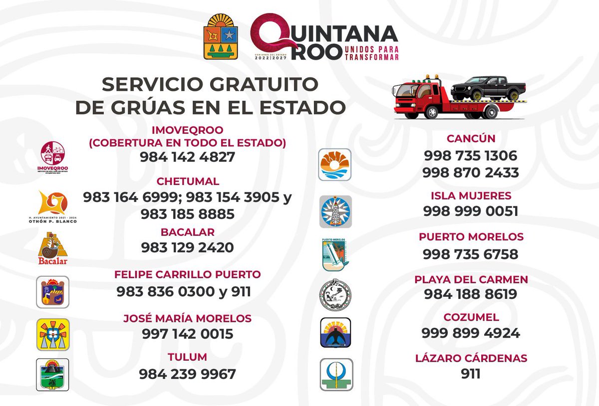 MaraLezama's tweet photo. Ante la llegada del Huracán #Beryl 🌀 a las costas quintanarroenses. Les compartimos los números del servicio gratuito de grúas por municipio, en caso de requerir asistencia.

¡Seguimos en #AlertaNaranja en todo #QuintanaRoo! ⚠️🟠

@imoveqroo https://t.co/9K5uUR9MtI