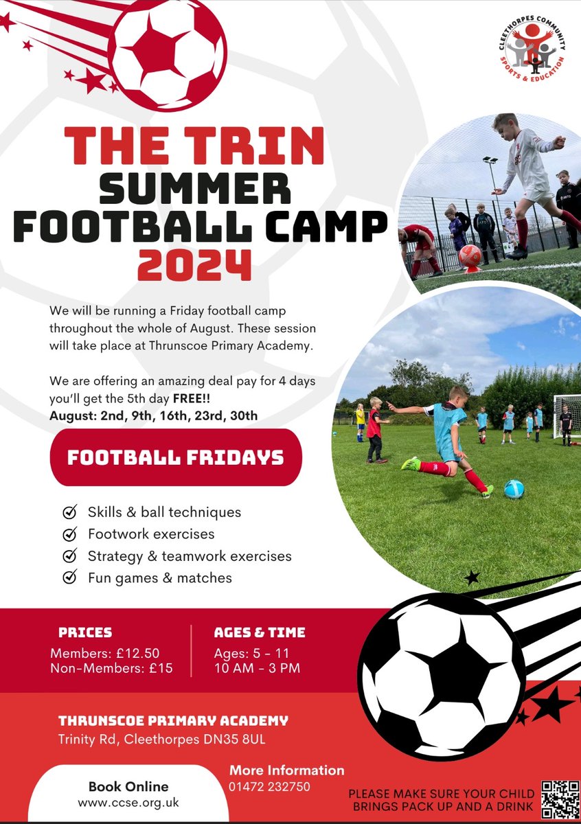 SUMMER HOLIDAYS|

We have an action packed Summer Holidays coming to keep the kids entertained

Holiday Club involves - sports, arts &amp; crafts, baking, music and trips

Footy Camp involves - fun games, skill challenges, matches and tournaments

Book here - ccse.org.uk/clubs