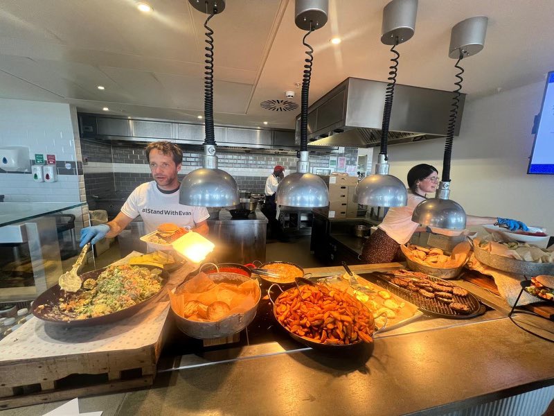 Gordon Fairclough (@gefairclough) on Twitter photo The Evan Burger is coming in hot!
In solidarity with our colleague held in Russia, <a href="/WSJ/">The Wall Street Journal</a>’s <a href="/jhsugden/">Joanna Sugden</a> and <a href="/eliotwb/">Eliot Brown</a> are serving Evan Gershkovich’s favorite cheeseburger—with caramelized onions and a fried egg—in the newsroom cafeteria in London.
#IStandWithEvan #CookForEvan. The Evan Burger is coming in hot!
In solidarity with our colleague held in Russia, <a href="/WSJ/">The Wall Street Journal</a>’s <a href="/jhsugden/">Joanna Sugden</a> and <a href="/eliotwb/">Eliot Brown</a> are serving Evan Gershkovich’s favorite cheeseburger—with caramelized onions and a fried egg—in the newsroom cafeteria in London.
#IStandWithEvan #CookForEvan.