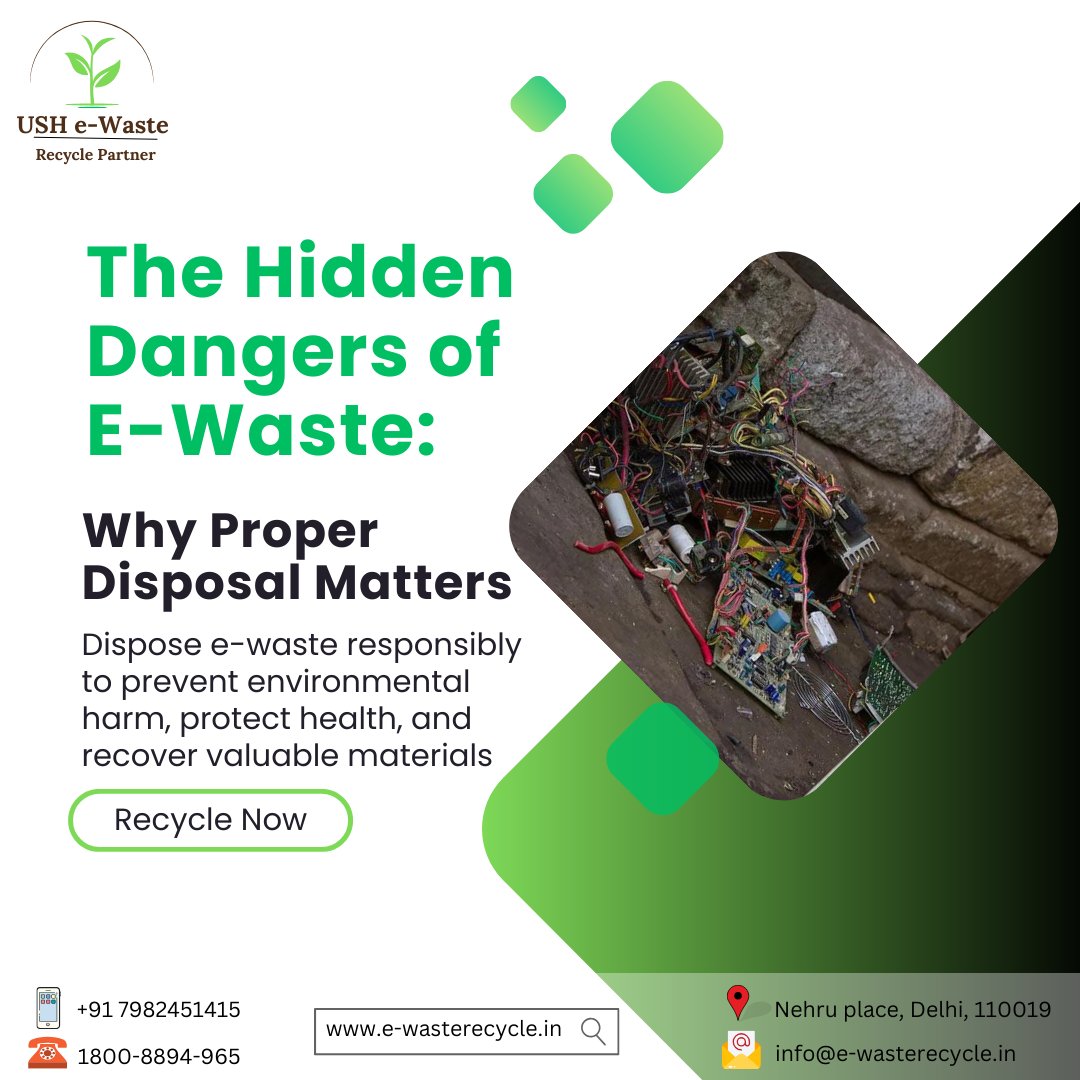 The Hidden Dangers of E-Waste: Improper disposal leads to soil &amp; water contamination, air pollution, and health risks. Recycle responsibly to protect our environment and health. Join us at USH India Recycler PVT LTD for a cleaner, healthier future. 
#ewaste #recycle #reuse