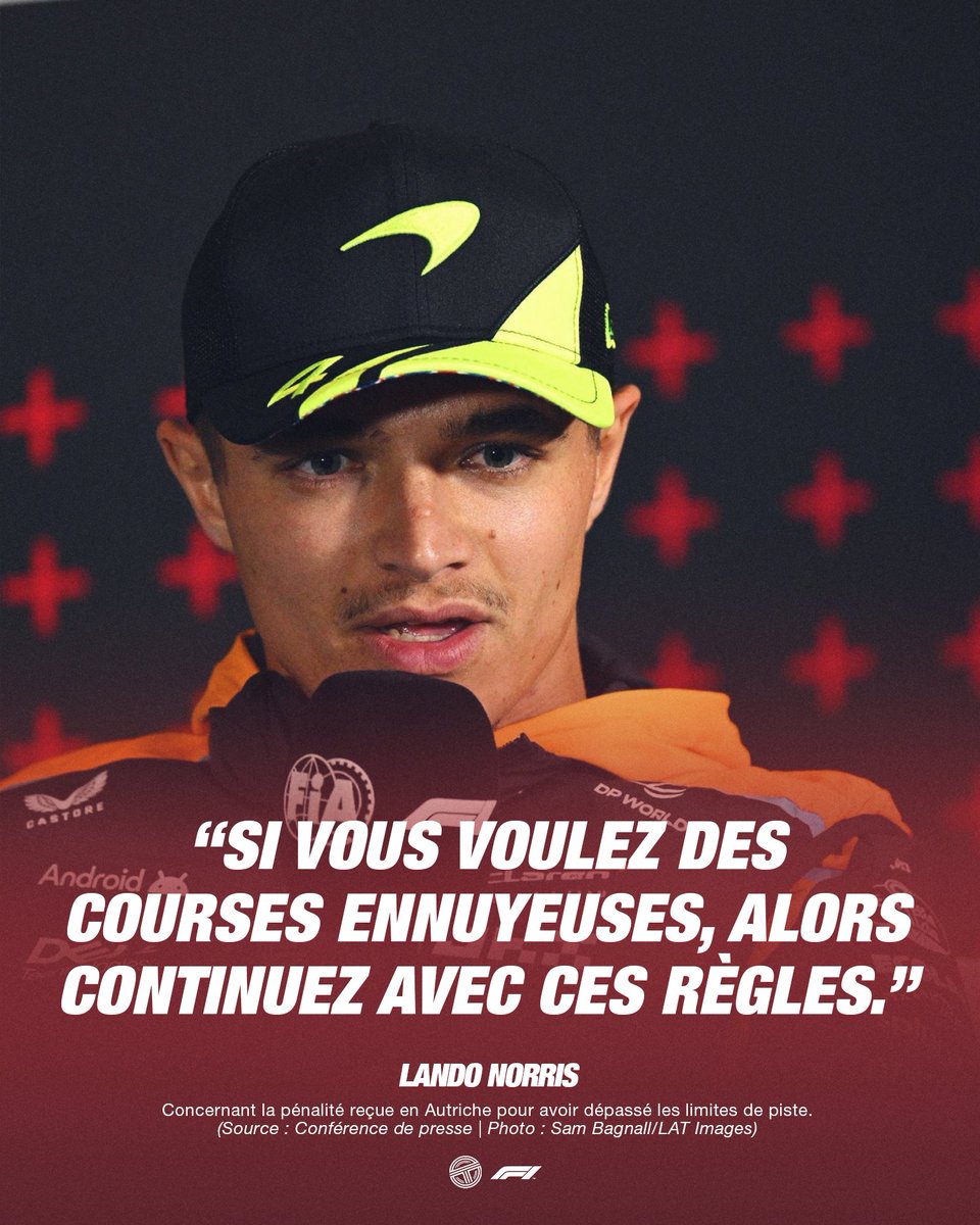 TearOffFR's tweet image. 🔴 Lando Norris tacle la décision des commissaires concernant la pénalité reçue en Autriche pour avoir dépassé les limites de piste :

🎙️ "J'ai reçu 5 secondes de pénalité pour avoir tenté de dépasser et ce n'était même pas injuste. J'ai rendu la position tout de suite et j'ai…