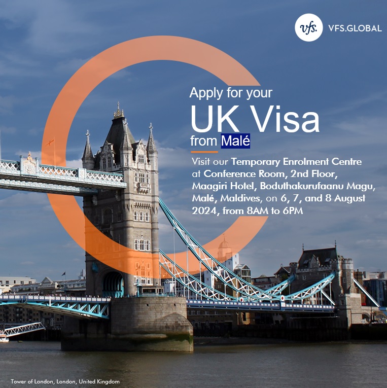 UK visa applicants in Malé, Maldives, can visit our Temporary Enrolment Centre at Conference Room, 2nd Floor, Maagiri Hotel, Boduthakurufaanu Magu, Malé - 20012, Maldives, on 6, 7, and 8 August 2024 to submit their applications with ease.

To know more:
Call: +94114692603
Email: