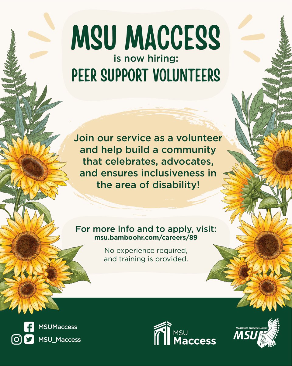 MSU_Maccess's tweet photo. Maccess Peer Support Volunteer applications are OPEN! 🌱

Looking to get more involved with the disability community on campus, and be part of a service created by the community for the community? Join Maccess as a Peer Support Volunteer! 

Apply here: https://t.co/4xeNCfQ6qb https://t.co/upaeA3W6tW