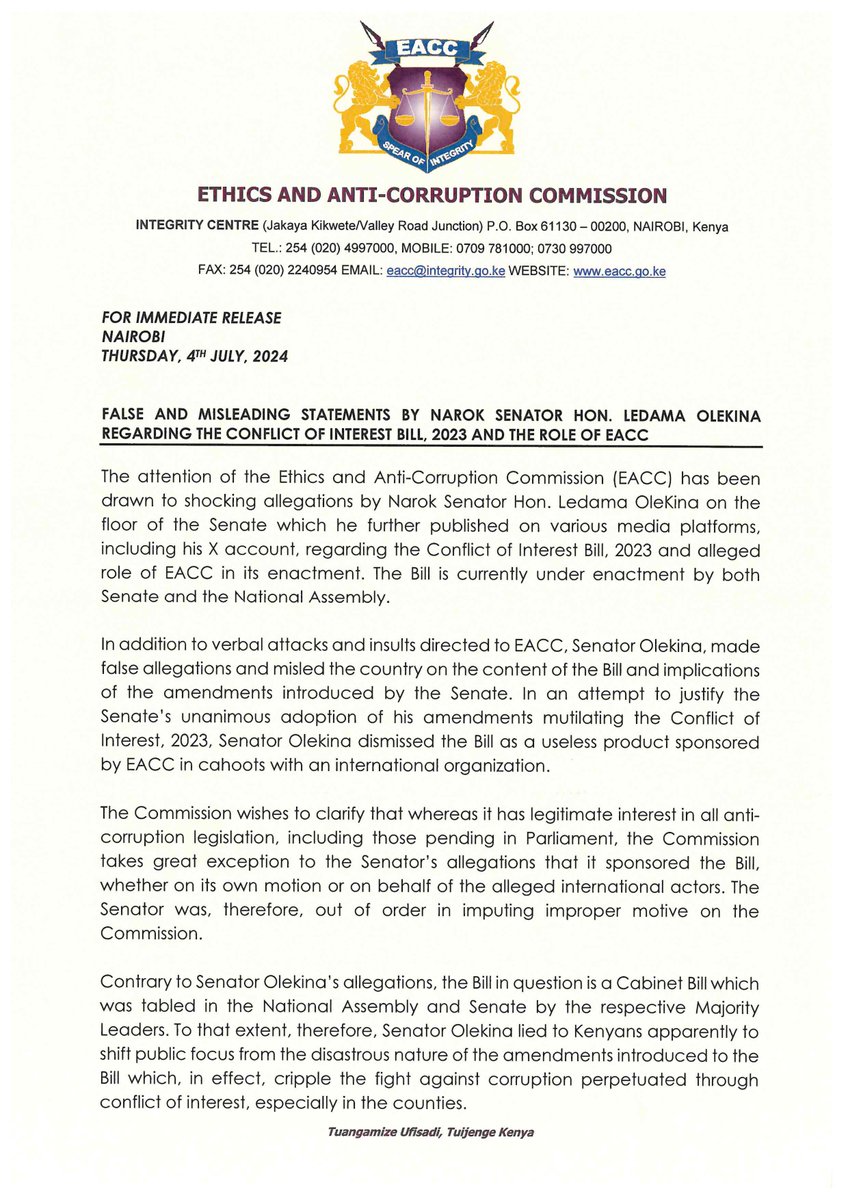 EACCKenya's tweet image. EACC calls out Narok Senator @ledamalekina for peddling falsehoods to divert public focus from the  tragic mutilation of the Conflict of Interest Bill, 2023 by the Senate in changes that will cripple the fight against corruption in Kenya. @Senate_KE