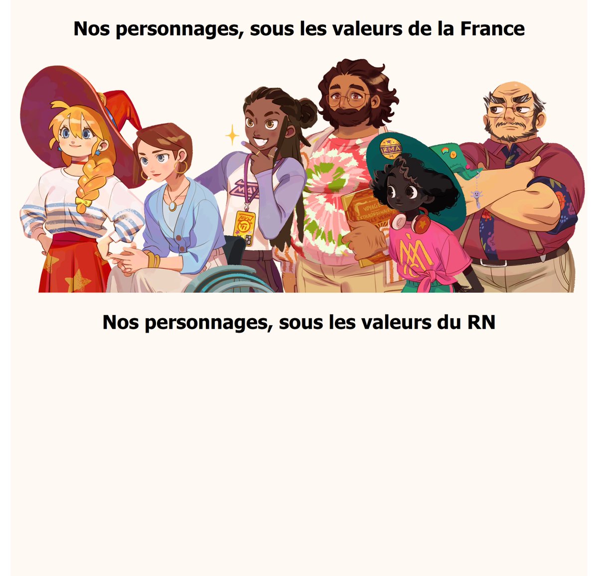 SunnyLabGames's tweet photo. Sorry, another post for the French out there!🇫🇷

Tous nos personnages sont français. Tous sont discriminés par le RN.
La France est plurielle et riche par sa diversité. Protégeons-la avec fierté.❤️

Ce dimanche, l'Histoire nous regarde. Votons contre la haine. 🫶🇫🇷 https://t.co/ZbzD0jNlkr