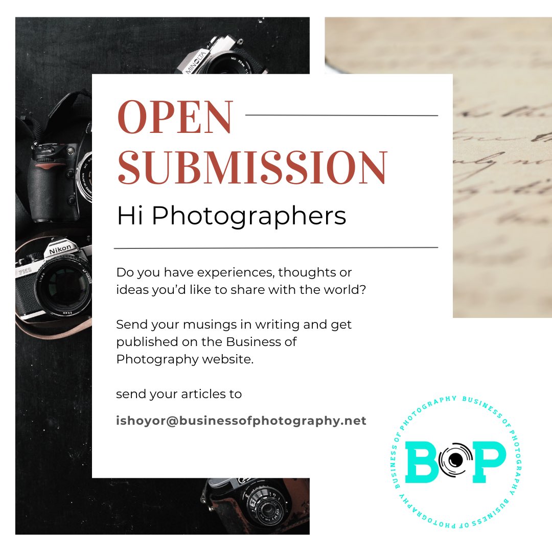 Hi Photographers,

Do you have experiences, thoughts or ideas you’d like to share with the world?

Send your musings in writing and get published on the Business of Photography website.

Send your articles to ishoyor@businessofphotography.net
