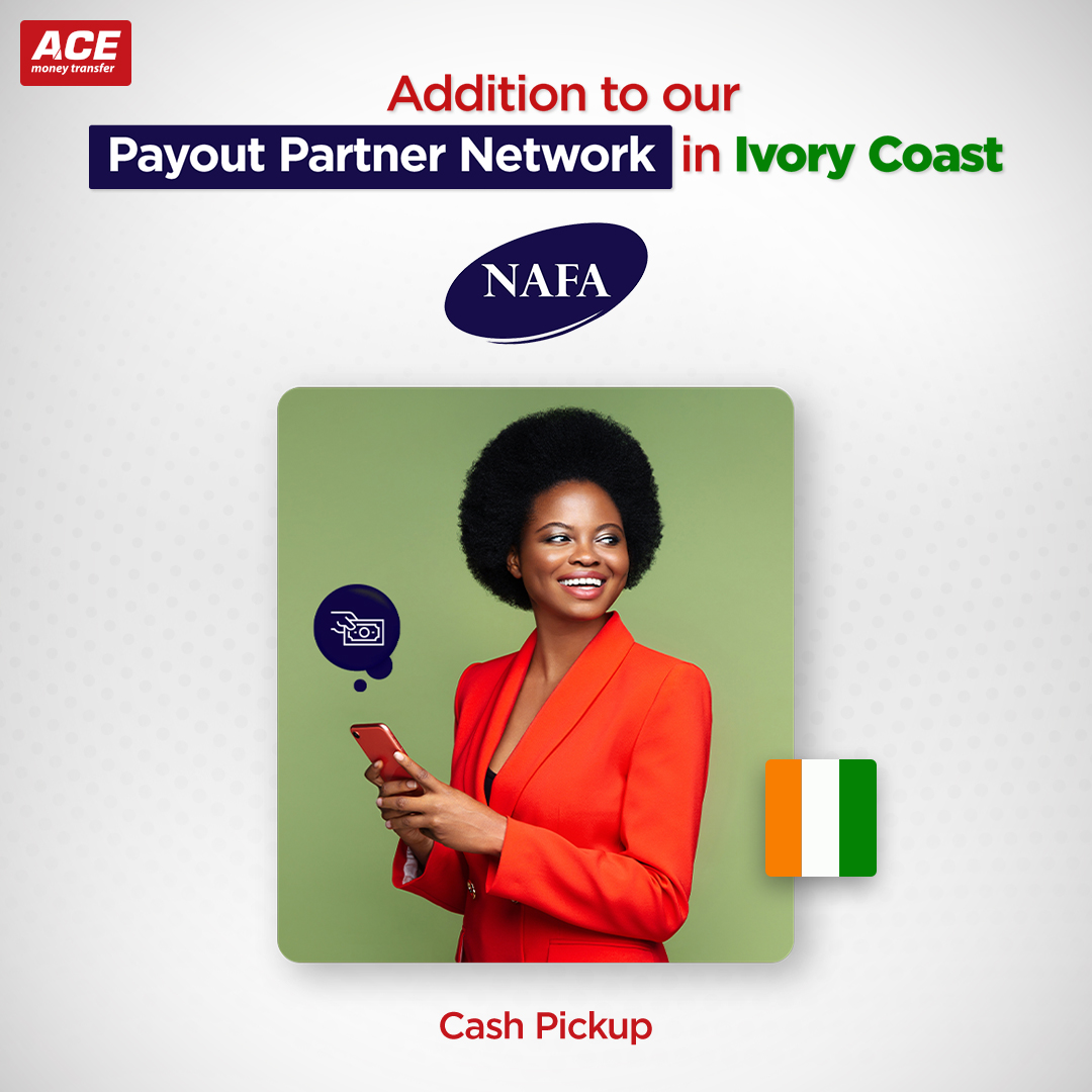 ACEMoneyTransfr's tweet photo. Great news for our customers sending money to Ivory Coast! 🌍

We are excited to announce NAFA Financial Services, an addition to our Payout Partner Network. Now, you can instantly transfer money to Ivory Coast by choosing Cash Pickup Service.

Now sending love home in Ivory Coast is even easier, secure, and instant. Download the ACE mobile app or use the website portal, whichever is convenient for you.

Send Money Now: https://t.co/rAKd7bnv50 

ACE Money Transfer | Delivering Your Promises

#SendMoneytoIvoryCoast #ACEMoneyTransfer #DeliveringYourPromises #NAFA #PayoutPartnerNetwork