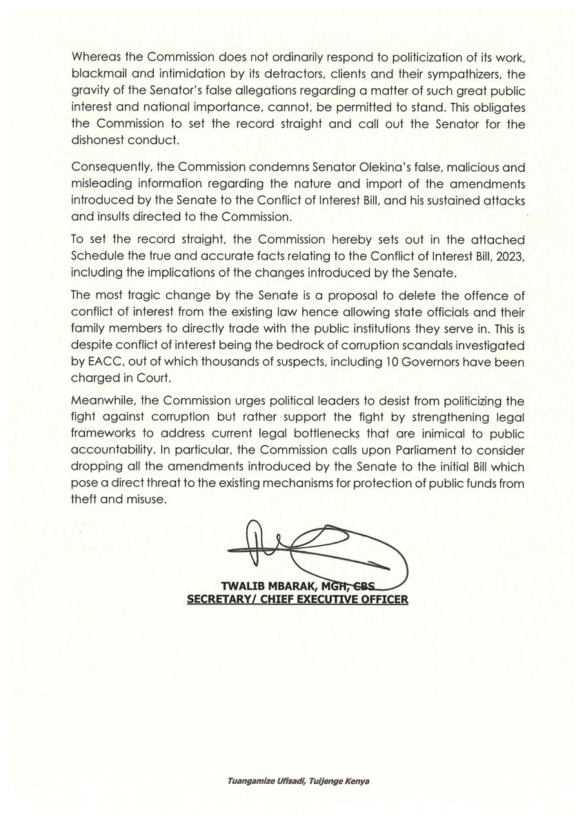 EACCKenya's tweet image. EACC calls out Narok Senator @ledamalekina for peddling falsehoods to divert public focus from the  tragic mutilation of the Conflict of Interest Bill, 2023 by the Senate in changes that will cripple the fight against corruption in Kenya. @Senate_KE