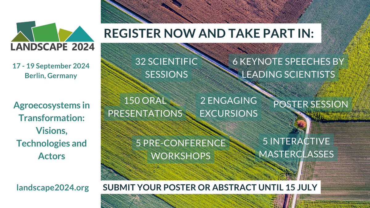 Join us for #Landscape2024! 
International scientific #conference on the #transformation of #agriculture and agricultural landscapes! 🚜🌿

📆 📍17-19 September in Berlin, Germany. 

Submit your posters and abstracts until 15th July! ➡️ landscape2024.org