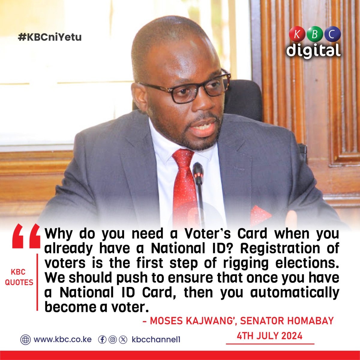 KBCChannel1's tweet image. “Why do you need a Voter’s Card when you already have a National ID? Registration of voters is the first step of rigging elections. We should push to ensure that once you have a National ID Card, then you automatically become a voter,”
Moses Kajwang’
#KBCniYetu^EM