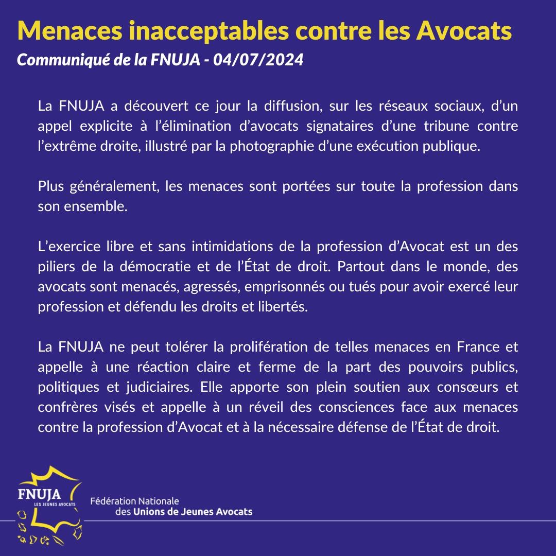 🔵🟡 #Communiqué
Face aux menaces proférées à l’encontre d’avocats signataires d’une tribune contre l'extrême droite et de la profession dans son ensemble, la FNUJA fait part de son indignation, apporte son soutien aux avocats visés
Notre communiqué ici 👇: