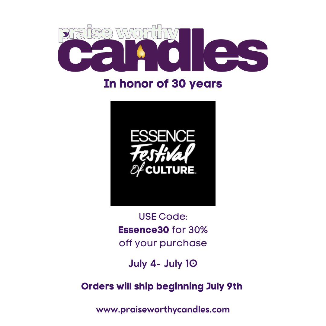 Check out our sale on the website in honor of Essence Festivals 30th year!

30% off using the code! Share with your friends
Shipping will begin on July 9th

Shop Now 👇🏼
praiseworthycandles.com

#handpoured
#candlevibes
#soybased
#scentedcandles
#candleslovers
#essencesfest2024