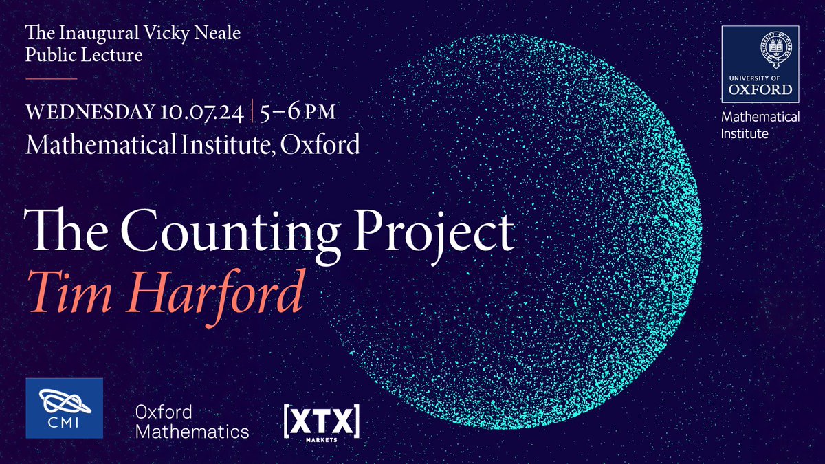 Oxford Mathematics (@oxunimaths) on Twitter photo In memory of Vicky Neale, the Clay Mathematics Institute, Oxford Mathematics & <a href="/xtxmarkets/">XTX Markets</a> have inaugurated a lecture in her name. <a href="/TimHarford/">Tim Harford</a> looks at how data built our world, & how we can use it to build a better one.
Book: maths.ox.ac.uk/node/68531 In memory of Vicky Neale, the Clay Mathematics Institute, Oxford Mathematics & <a href="/xtxmarkets/">XTX Markets</a> have inaugurated a lecture in her name. <a href="/TimHarford/">Tim Harford</a> looks at how data built our world, & how we can use it to build a better one.
Book: maths.ox.ac.uk/node/68531