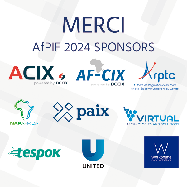 Merci aux nouveaux sponsors de l'#AfPIF2024 d'avoir rendu l'événement possible ! Votre soutien est essentiel pour améliorer l’interconnexion et le développement de l’#Internet à travers l’Afrique. Nous avons hâte de vous voir à Kinshasa. #InternetConnectivité

<a href="/DECIX/">DE-CIX</a> <a href="/paixio/">paix</a>