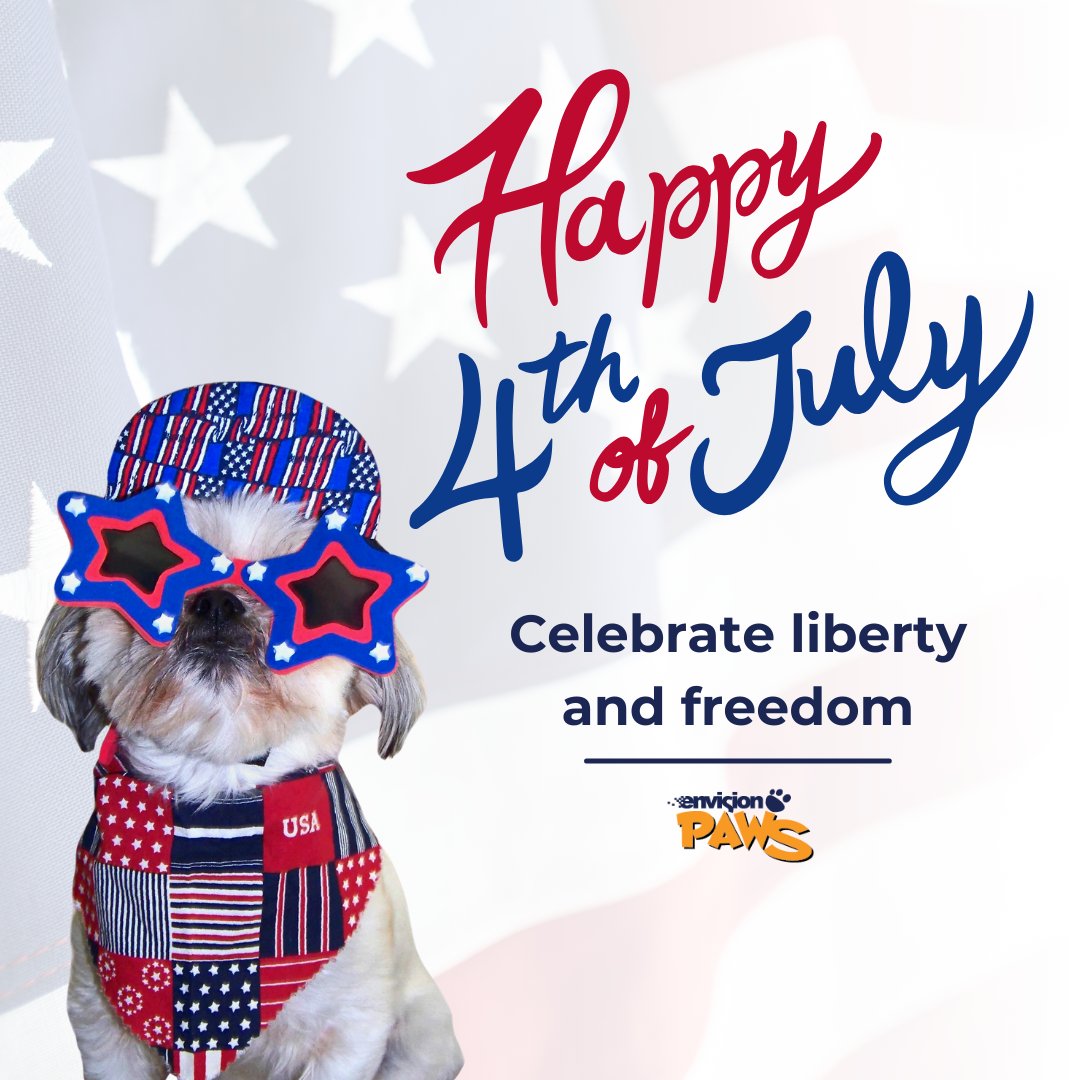 EnvisionPaws's tweet photo. In observance of Independence Day, Envision Paws will be closed on July 4th. We will resume regular operations tomorrow. Thank you for your understanding, and have a safe and enjoyable holiday! 🎆 https://t.co/cgmW0mZOf0