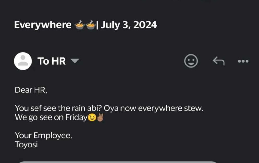 BrandContactng's tweet photo. The rain and the attendant flooding have not stopped the coldest creative memos flying to the HR mailbox.
#HR #Lightermood #FunThursday #LagosFlood #Advertising #OoH #Funny https://t.co/Un3iDjDv1z