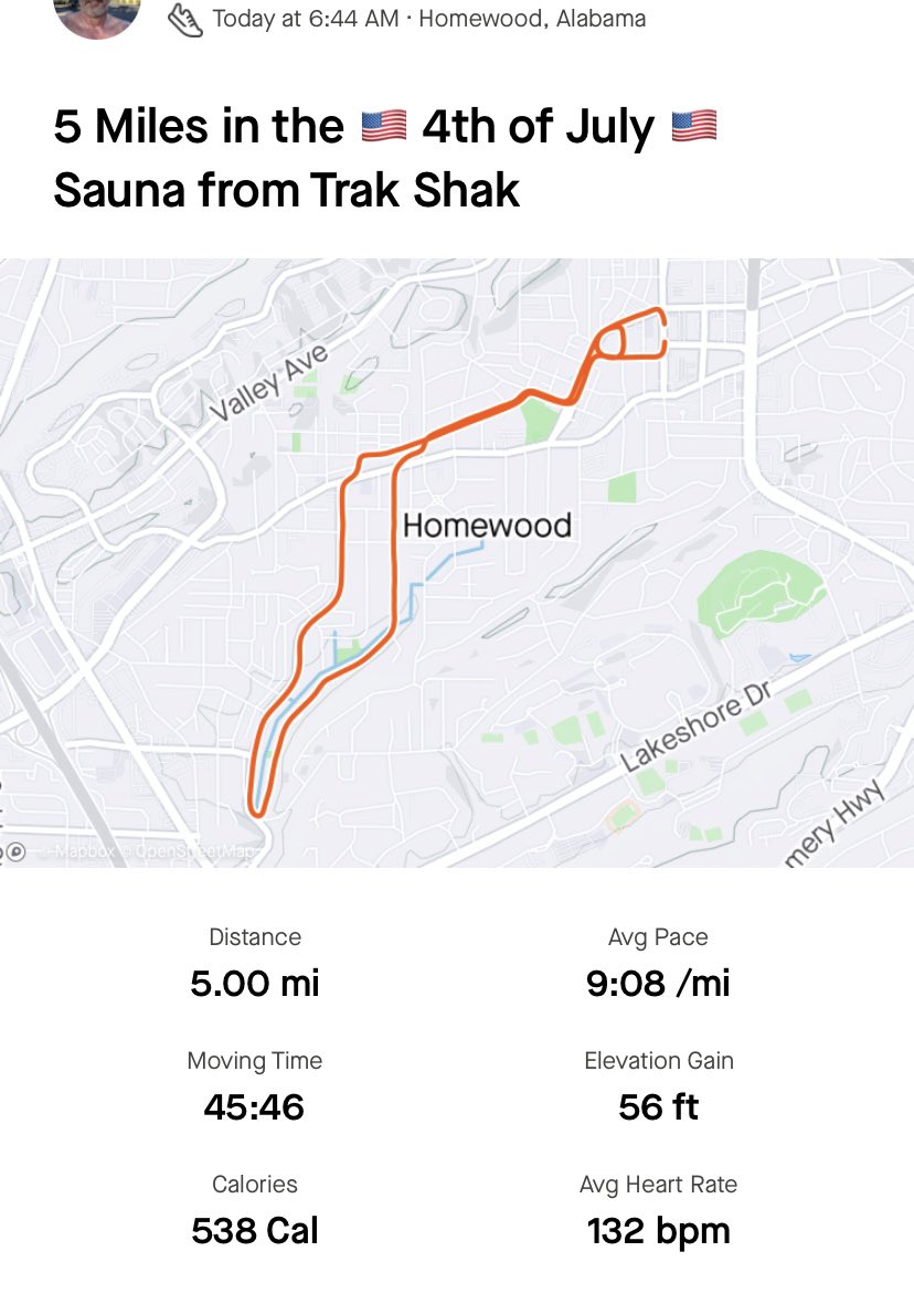 Bama26Point2's tweet image. 6:44am * 76°F and ridic humidity but got 5 miles done in 45:46 * Now to enjoy this 4th of July 🇺🇸 Happy Independence Day!  #runner #runchat #runcoach