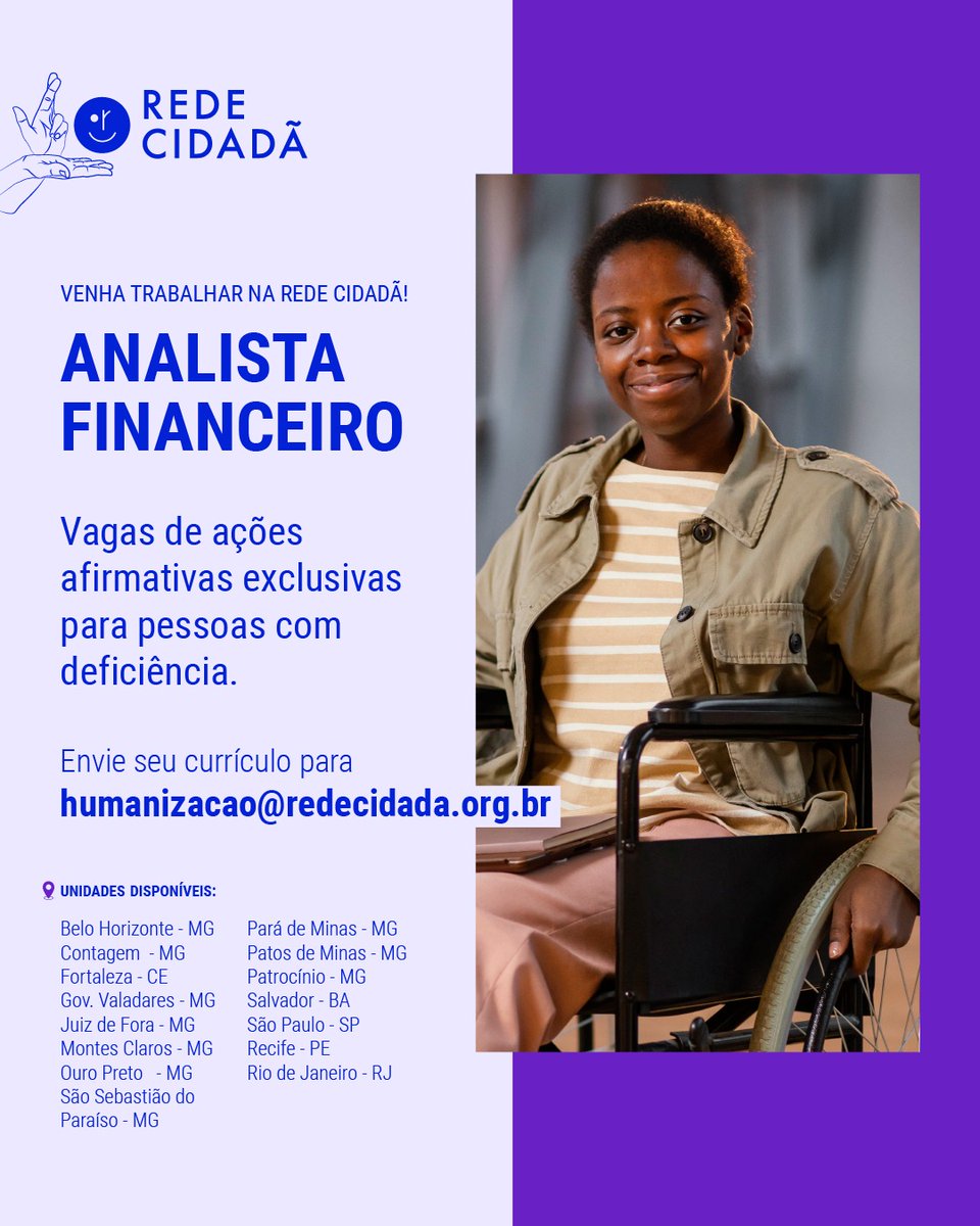 A Rede Cidadã está com vagas abertas para PCD! Envie seu currículo para humanizacao@redecidada.org.br e compartilhe essa oportunidade com seus amigos! #RedeCidadã #VagaPCD #Diversidade #Inclusão