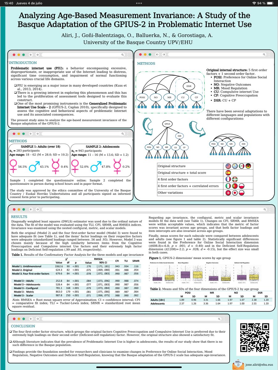 Qualiker's tweet photo. Here we are presenting our last work for today: Age-based measurement invariance of the Basque adaptation of the GPIUS-2. Join us in the exhibition hall 😊 poster  session  4. https://t.co/fZflvxc9kg
