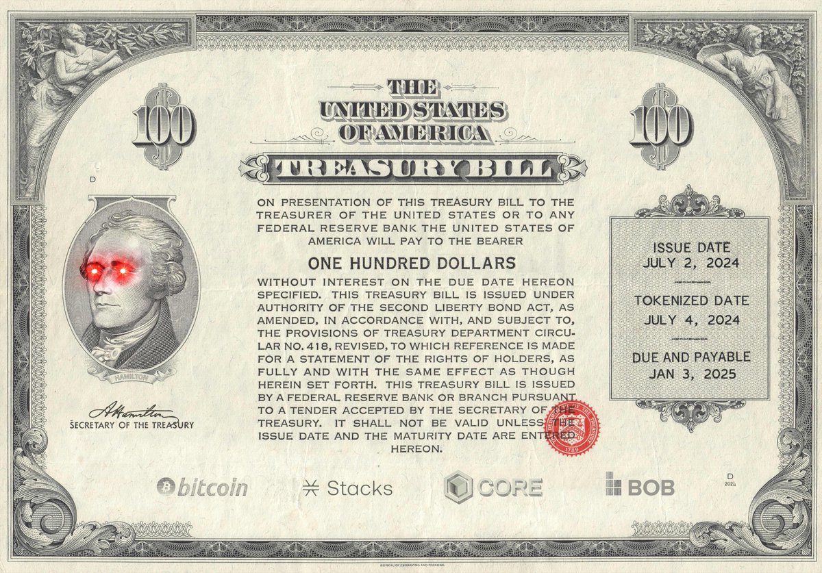 hamilton_labs's tweet photo. 1/8 Exciting news 🚀

We have tokenized the first US Treasury bills (HUST) on leading Bitcoin Layer 2s: @Stacks, @Coredao_Org, and @build_on_bob! 

Hamilton is building the first #RWA on #Bitcoin. We’re bringing financial independence on Independence Day 🎆🇺🇸🟧 https://t.co/Dcjt7URb2M
