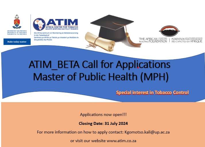 ATIM-BETA Call for Scholarship Applications!!!

2025 Academic Year: Master of Public Health (MPH) with Special Interest in Tobacco Control

For more info, visit: atim.co.za/2024/07/04/cal…