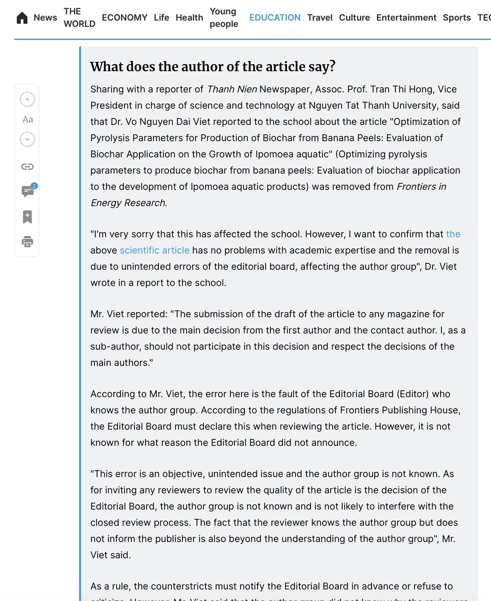Spottingthespot's tweet image. liar liar, pants on fire! Vo Nguyen Dai Viet from @NIIENTTU accusing the editors/reviewers for his #retraction. Of course he damn well knew that his friends were editing/reviewing the paper. It is #papermill #fraud nonsense! @FrontiersIn retracted! 
thanhnien.vn/mot-nha-khoa-h…