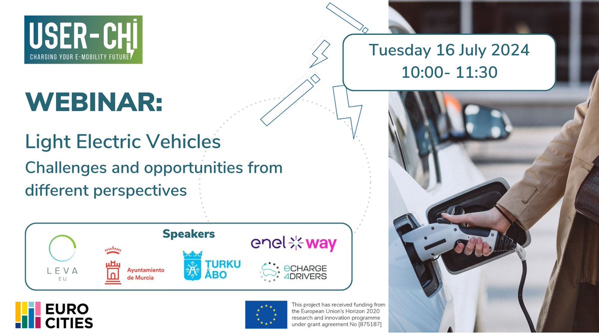 🚲 Join Us for the #USER-CHI #Webinar on #Light #Electric #Vehicles! 
🔹 Opening words from LEVA-EU 
🔹 USER-CHI and eCharge4Drivers addressing #LEV charging challenges
🔹 USER-CHI cities' experience 
👉 Register here: lnkd.in/empEkWpd
#SustainableTransport #UrbanMobility