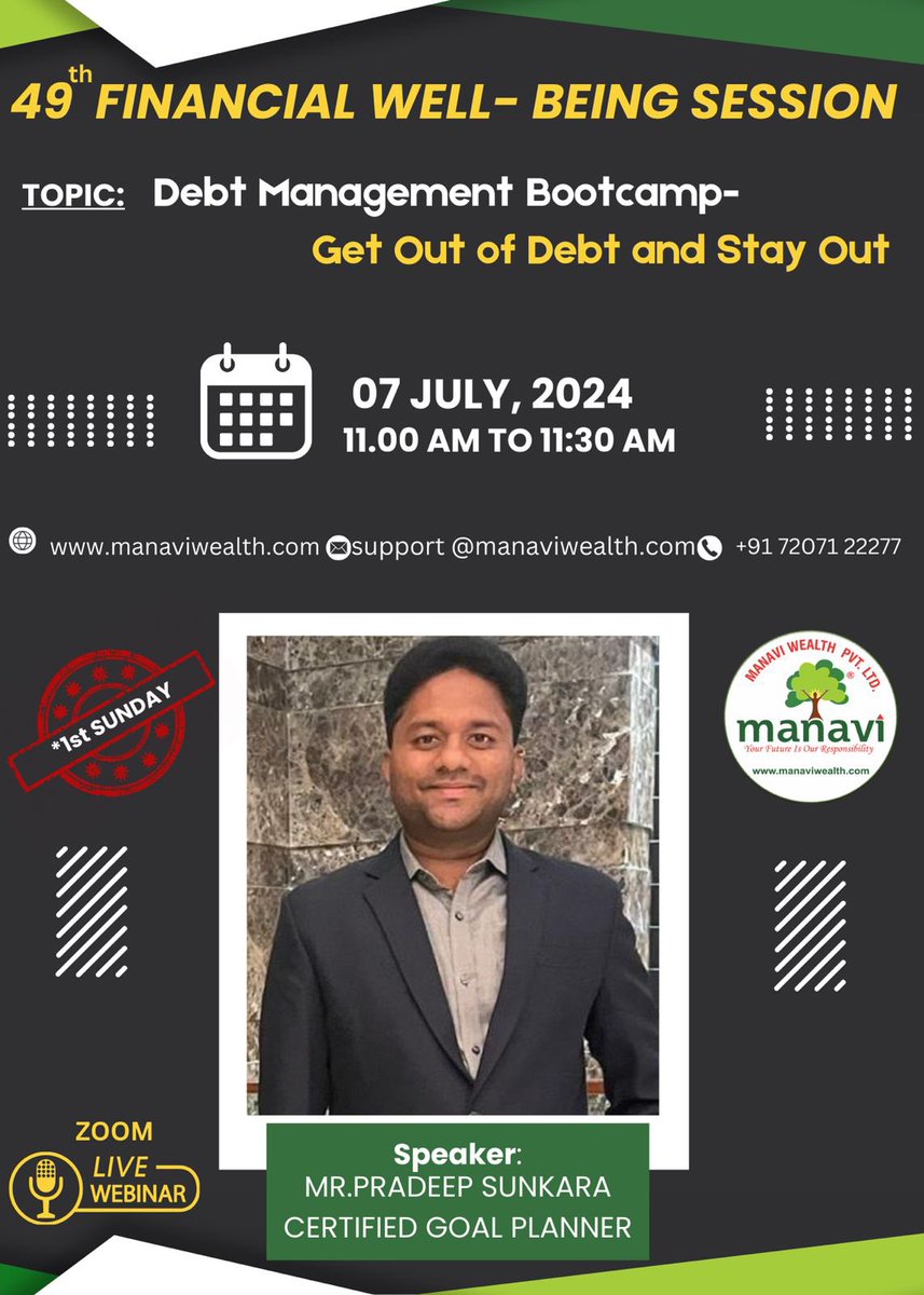 ManaviWealth's tweet image. #Invitation
49th session on Financial Well-Being

Topic :Debt Management Bootcamp-Get Out of Debt and Stay Out"

Featuring Speaker :
Mr Pradeep Sunkara

This insightful session will take place on July 7th, Sunday  11:00 AM.

#MissionTenMIllion #1stSundaySession
#debtmanagement