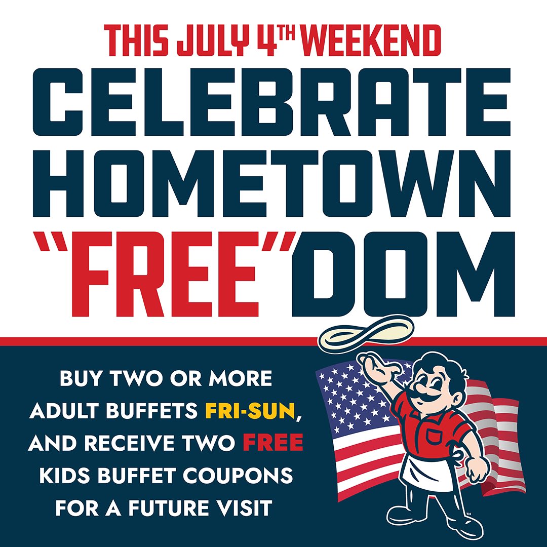 pizzainn's tweet photo. 🇺🇸🍕Celebrate “FREE”dom all weekend long with #PizzaInn! Stop by Friday - Sunday and with the purchase of two adult buffets, you receive TWO Kid Buffet coupons for a future visit! 🎇🇺🇸🎆 We hope you have a Happy 4th of July and see you this weekend!

#4thofJuly #pizza #deals #familyfun #familymeals #freedom #holidayweekend